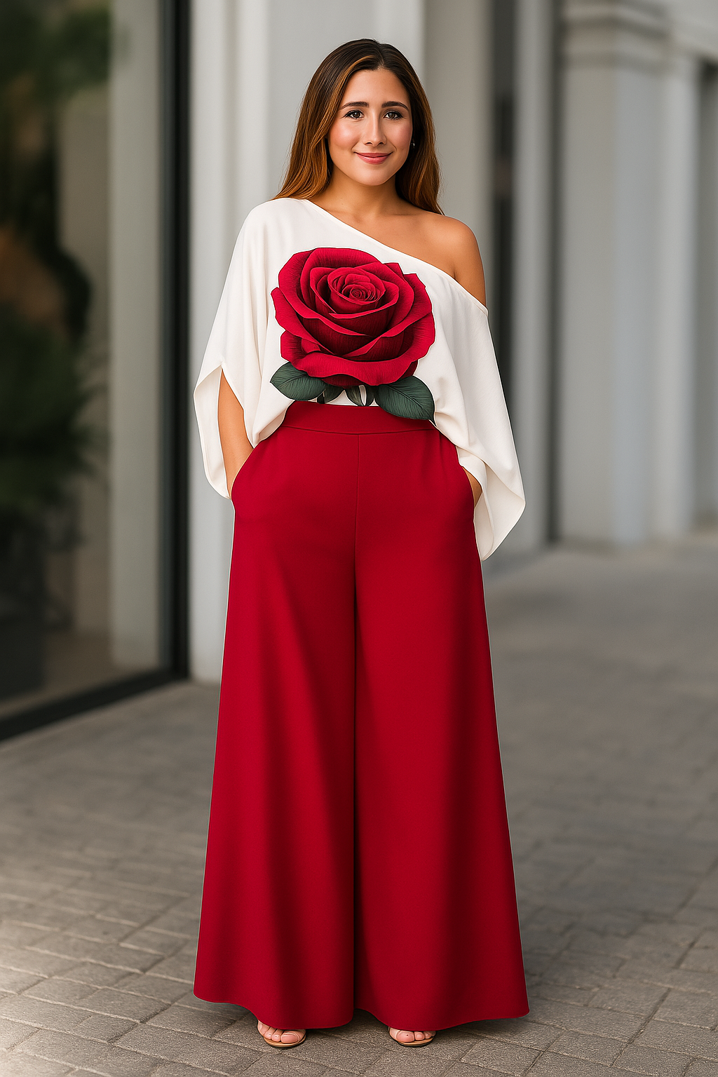 Conjunto Blusa Ombro Só com Estampa de Rosa e Calça Pantalona Vermelha