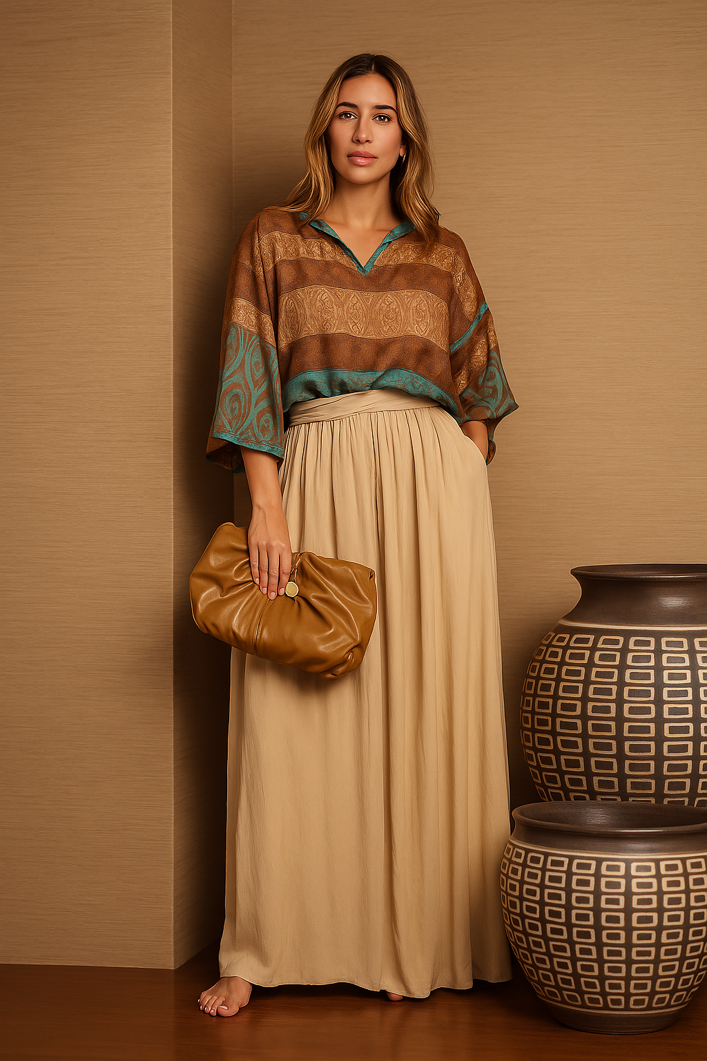 Conjunto Boho Chic - Blusa Estampada e Calça Pantalona
