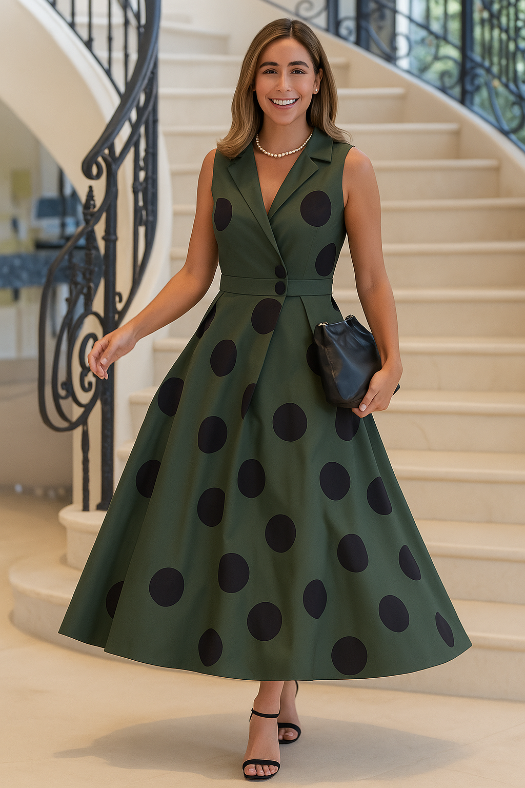 Vestido Longo Elegante Verde Oliva com Estampa de Poás