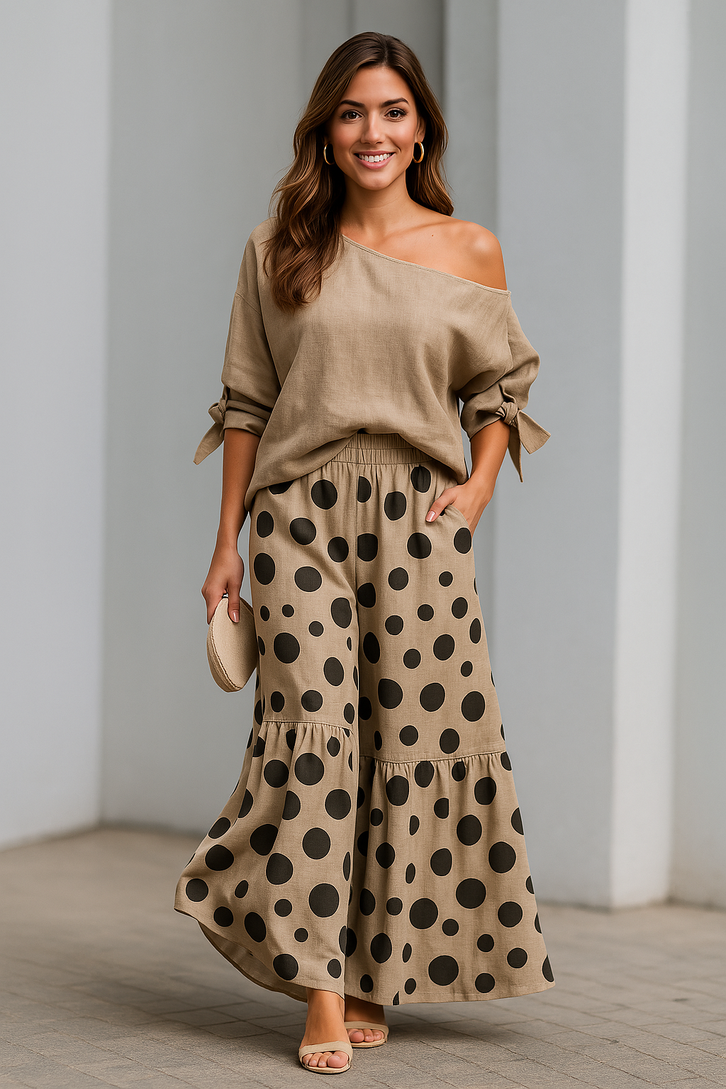 Conjunto Blusa Ombro Caído e Calça Pantalona Poá
