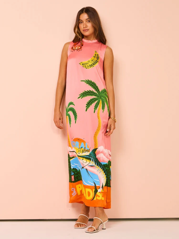 Vestido Longo Estampado Tropical Rosa