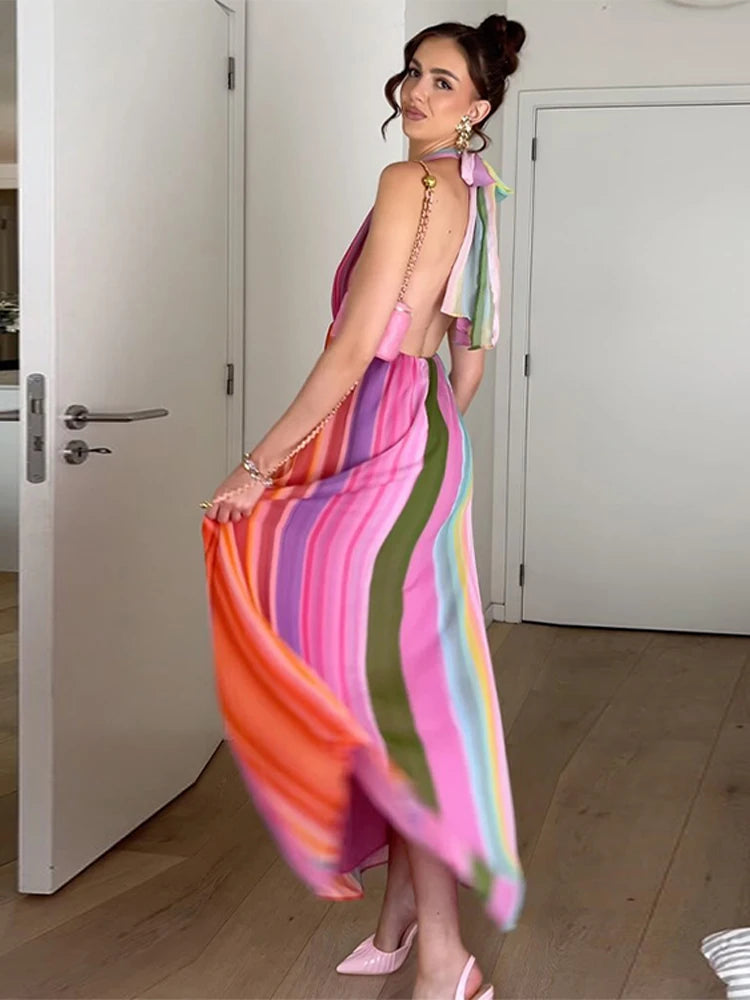 Vestido Longo Multicolorido Elegante com Decote Halter