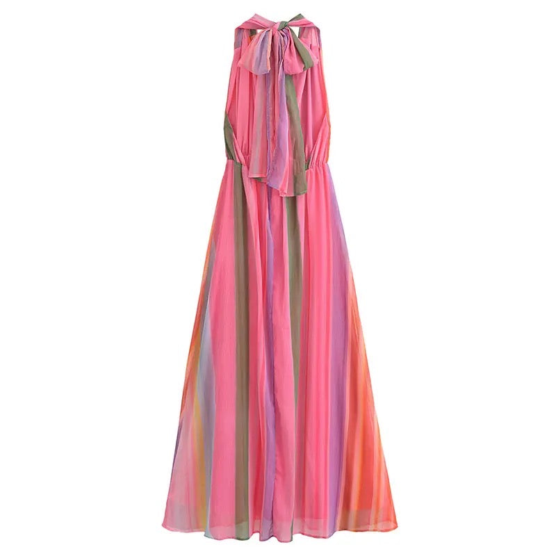 Vestido Longo Multicolorido Elegante com Decote Halter