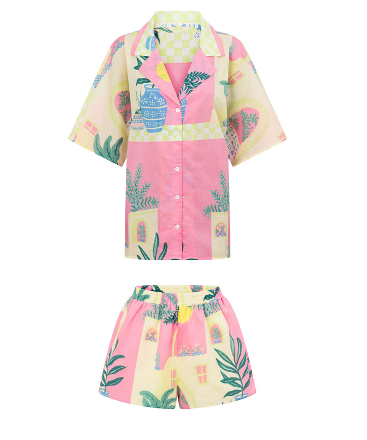 Conjunto Oversized Estampado Tropical - Camisa e Shorts de Verão Rosa