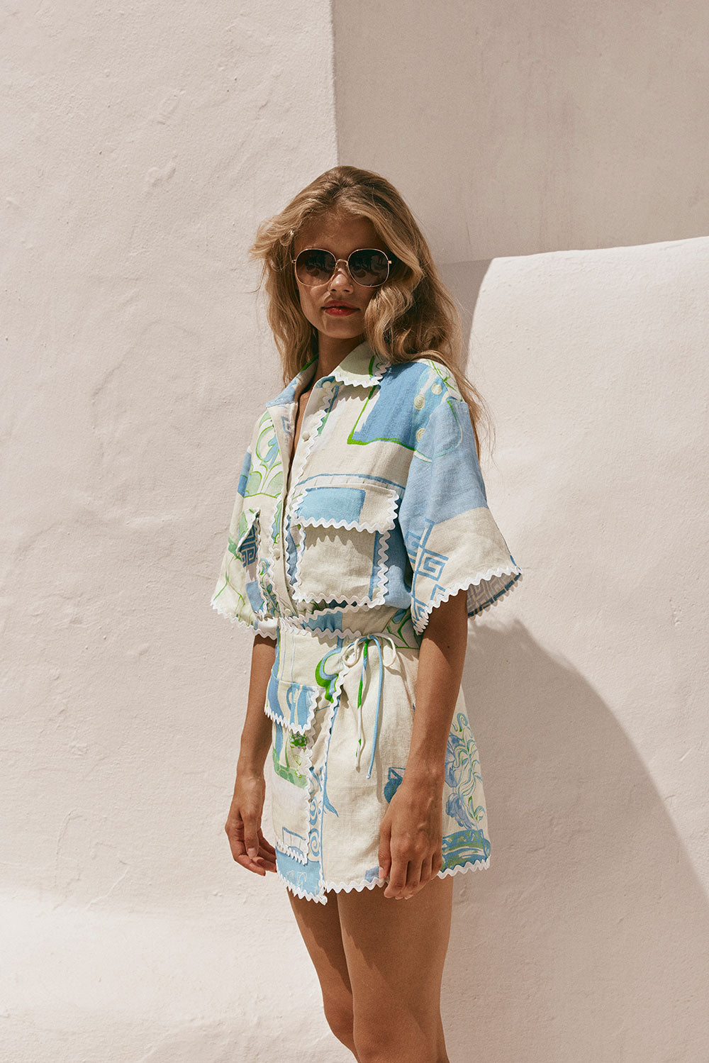 Conjunto Boho Chic Estampado Azul e Verde - Camisa e Saia Envelope