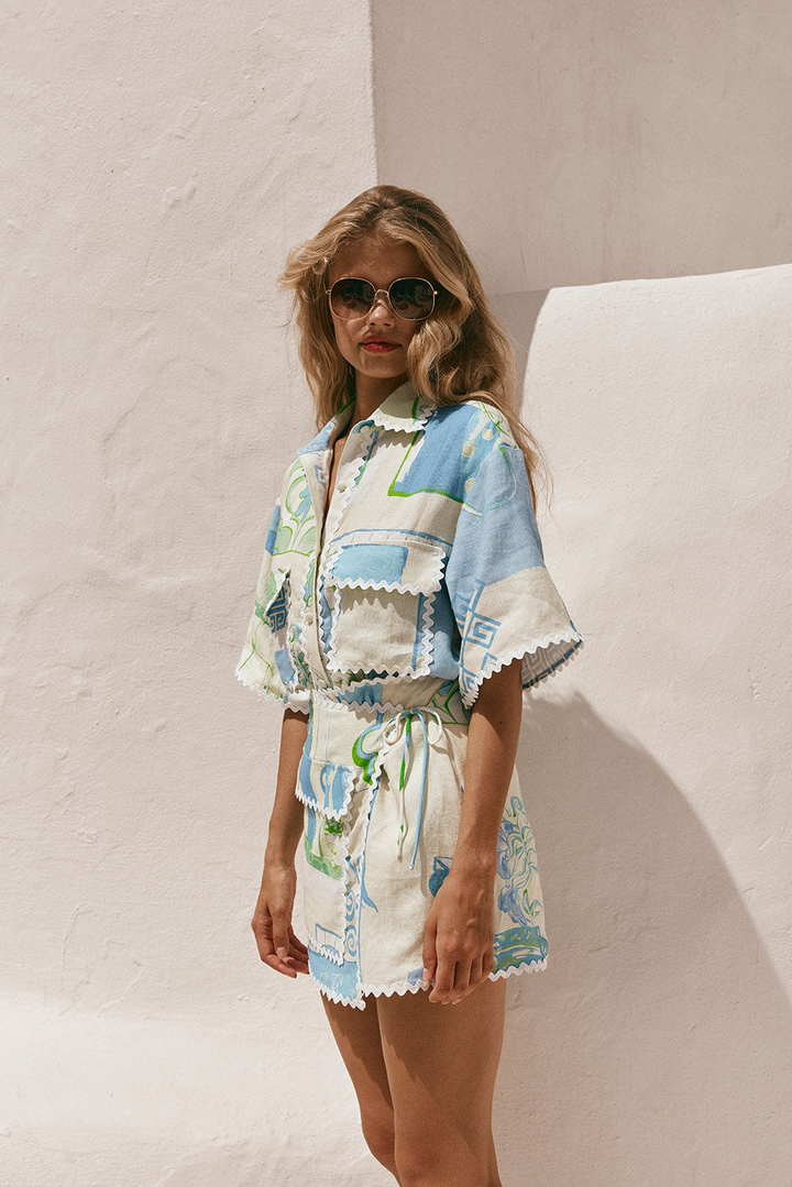 Conjunto Boho Chic Estampado Azul e Verde - Camisa e Saia Envelope