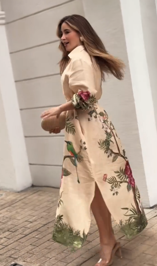 Vestido chemise Estampa Botânica Fenda