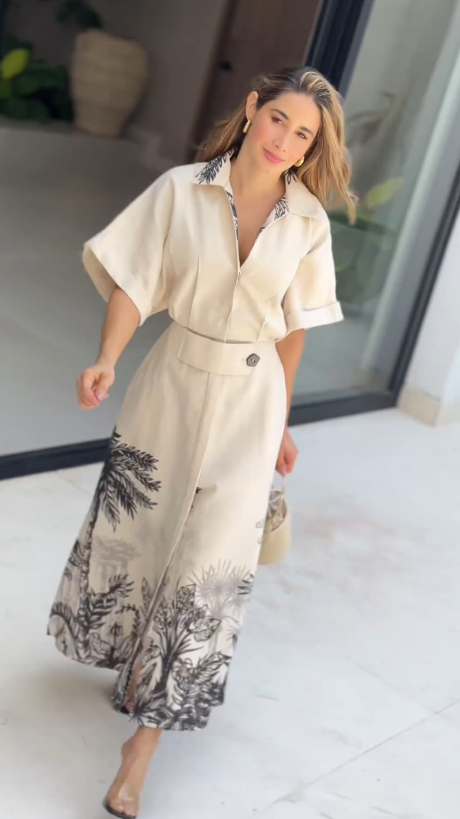 Vestido Camisa Midi com Estampa Tropical minimalista