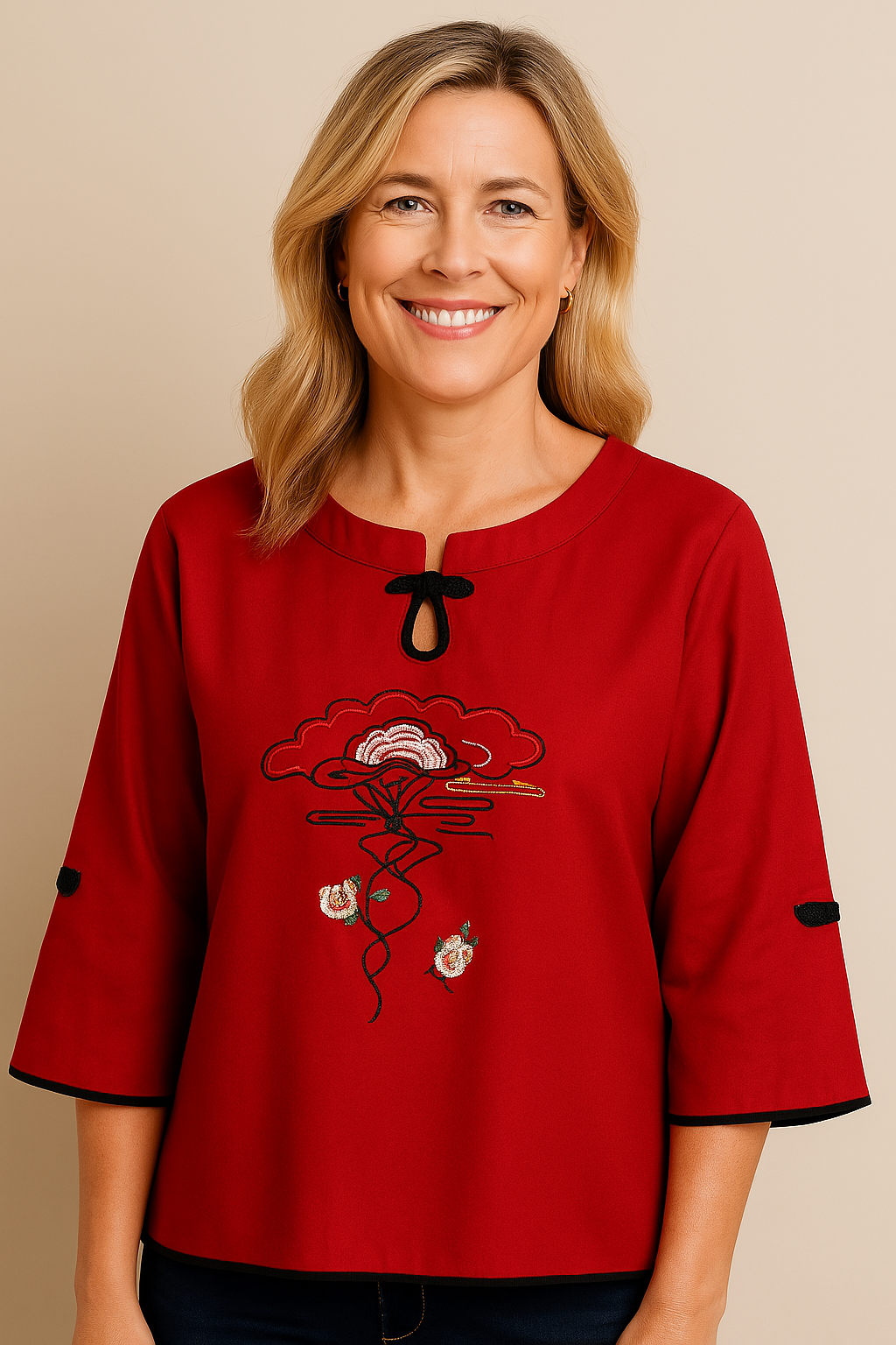 Blusa Solta Bordada Cerejeira Vermelha