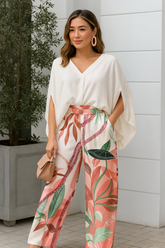 Conjunto Elegância Tropical - Blusa fluida branca e calça pantalona estampada