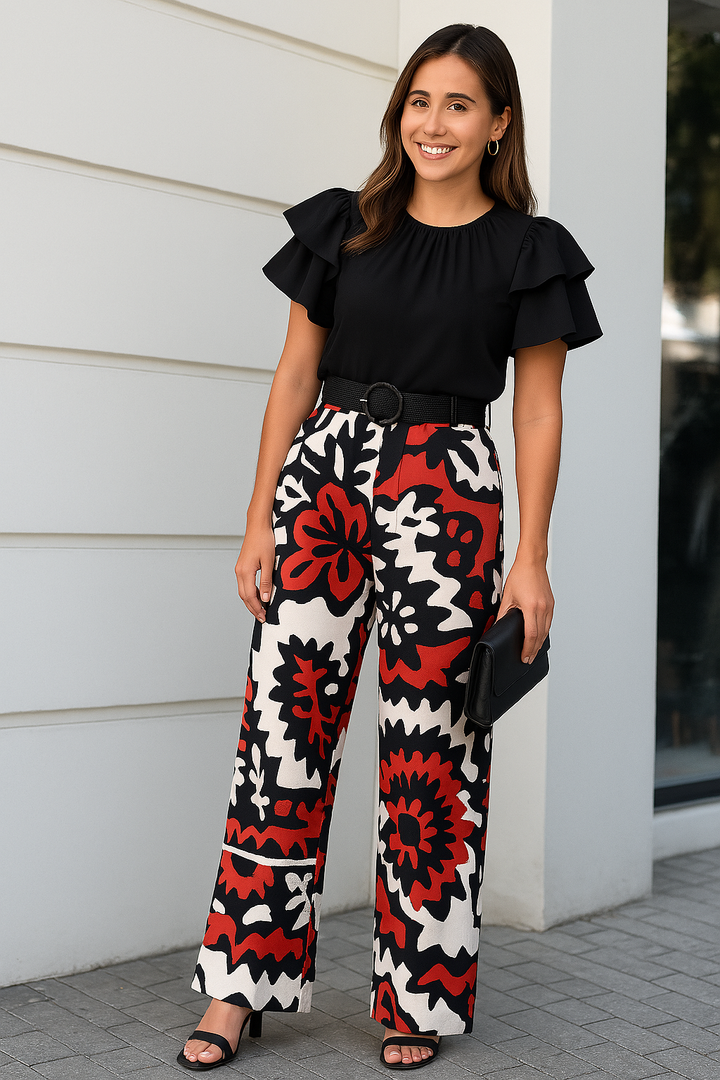 Conjunto Blusa de Babados e Calça Pantalona Estampada