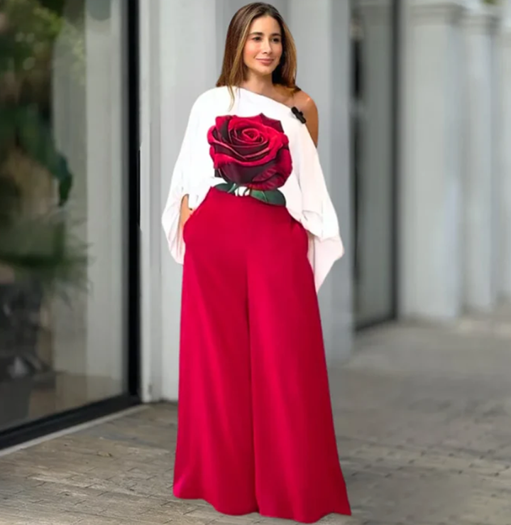 Conjunto  Blusa Ombro Só com Estampa de Rosa e Calça Pantalona Vermelha