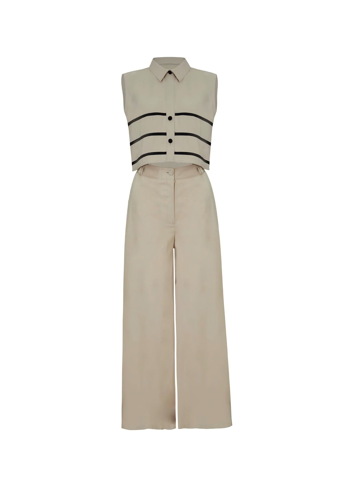 Conjunto Elegance Classic – Cropped e Calça Pantalona Bege