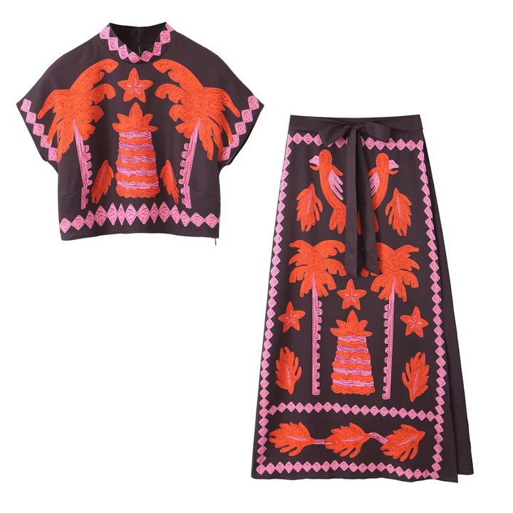 Conjunto Cropped e Saia Longa Tropical Neon
