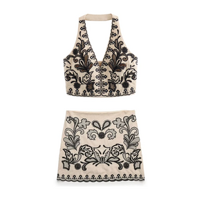 Conjunto Cropped e Saia Bordado Boho Preto e Bege