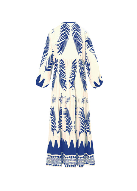 Vestido Longo Serenity Azul e Branco com Manga Ampla