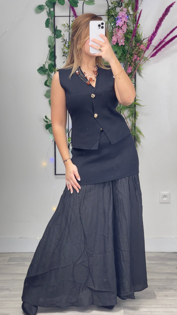Conjunto Sofisticação: Colete Elegante e Saia Longa Fluida