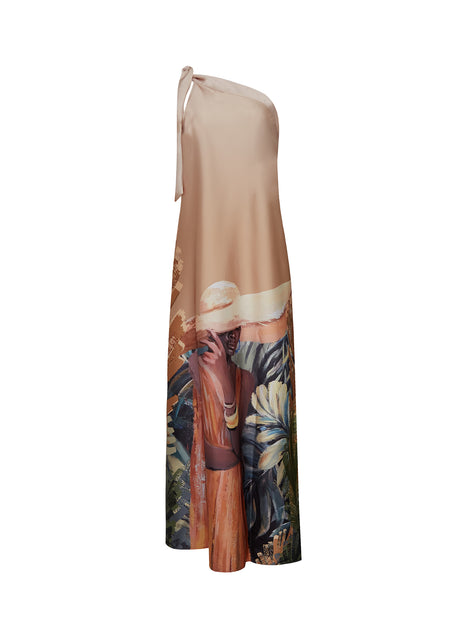 Vestido Longo Ombro Único Estampa Arte Tropical