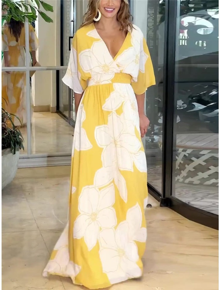 Vestido Elegante Longo Floral Amarelo