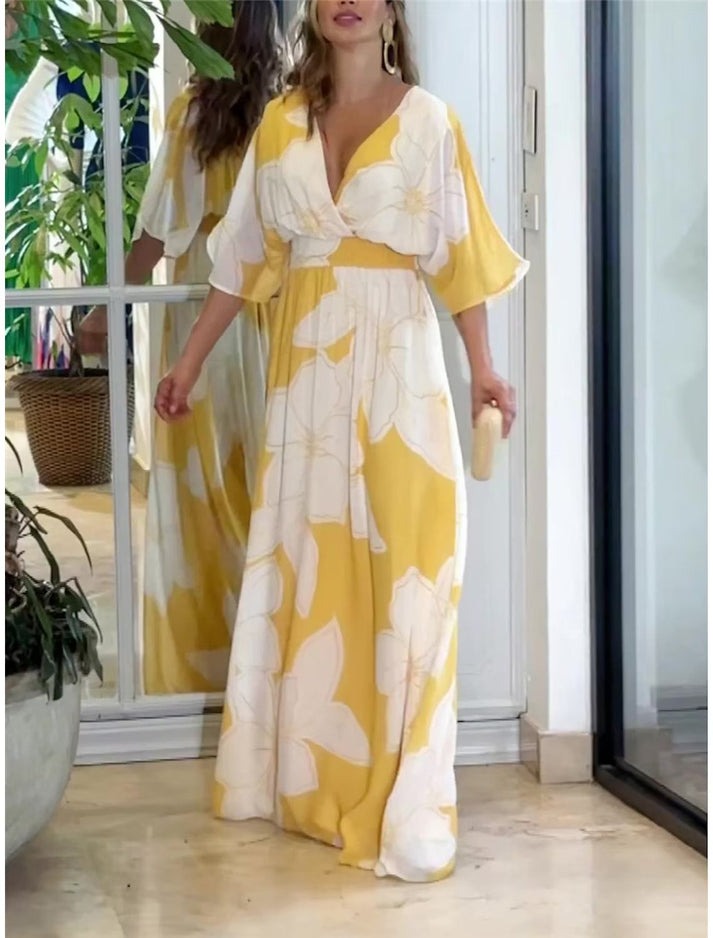 Vestido Elegante Longo Floral Amarelo
