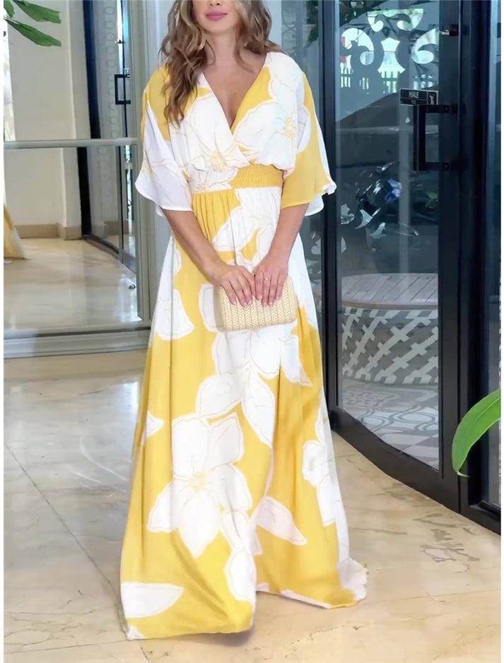 Vestido Elegante Longo Floral Amarelo