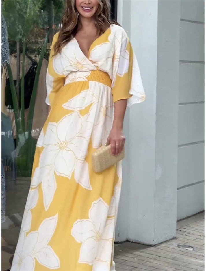 Vestido Elegante Longo Floral Amarelo