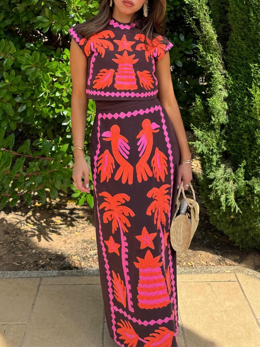 Conjunto Cropped e Saia Longa Tropical Neon