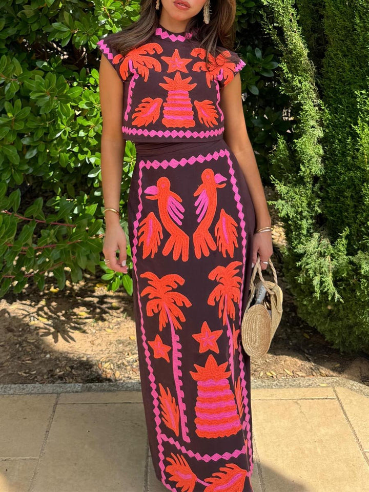 Conjunto Cropped e Saia Longa Tropical Neon