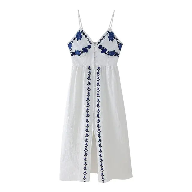 Vestido Midi Branco Boho com Alças Finas e Bordado Floral Azul