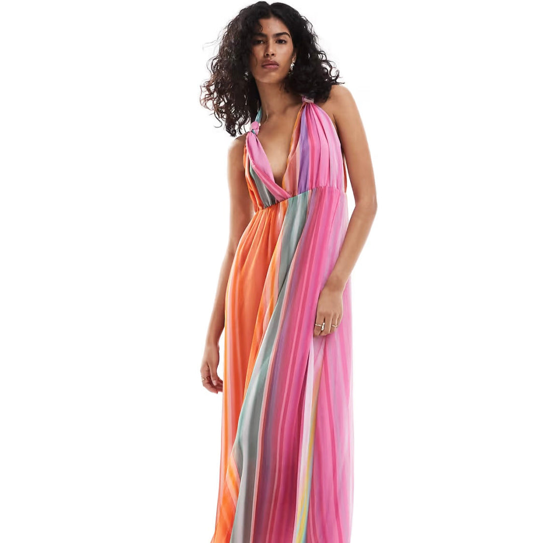 Vestido Longo Multicolorido Elegante com Decote Halter