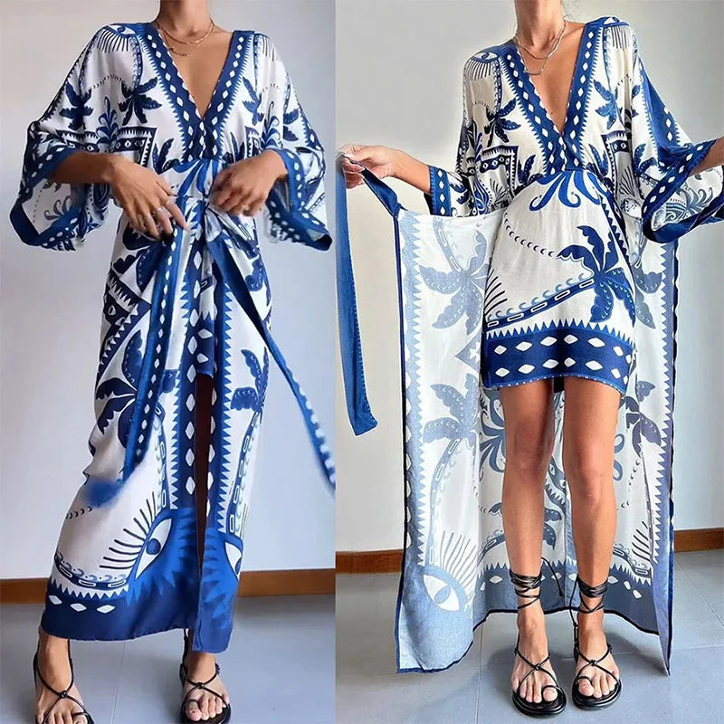 Conjunto Vestido + Kimono Curto Estilo Boho