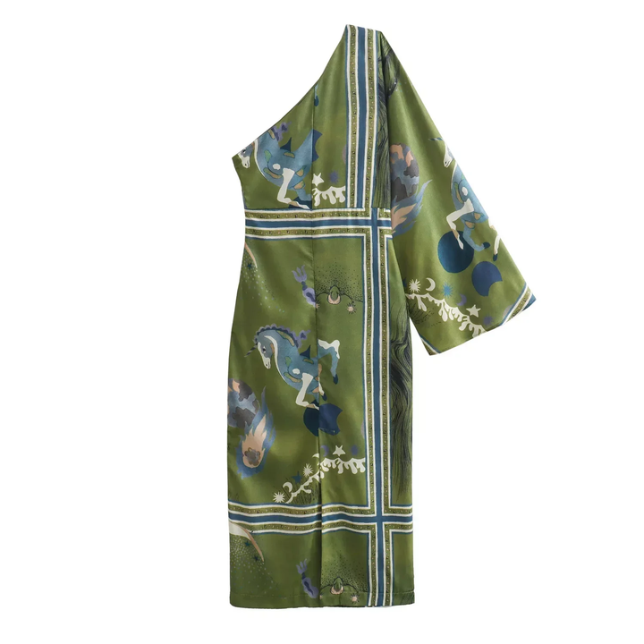 Vestido Assimétrico Seda Verde Estampa Arte Abstrata