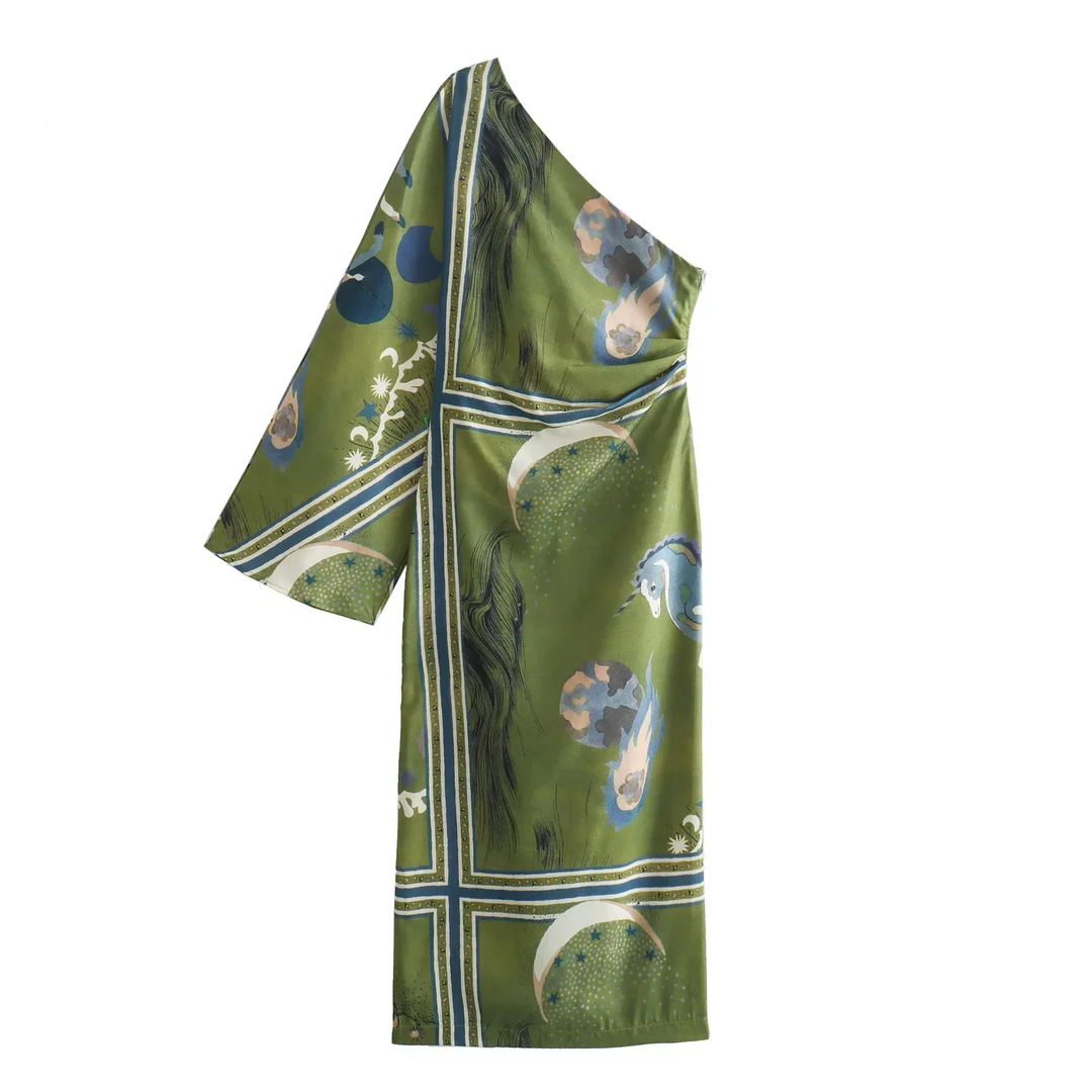 Vestido Assimétrico Seda Verde Estampa Arte Abstrata