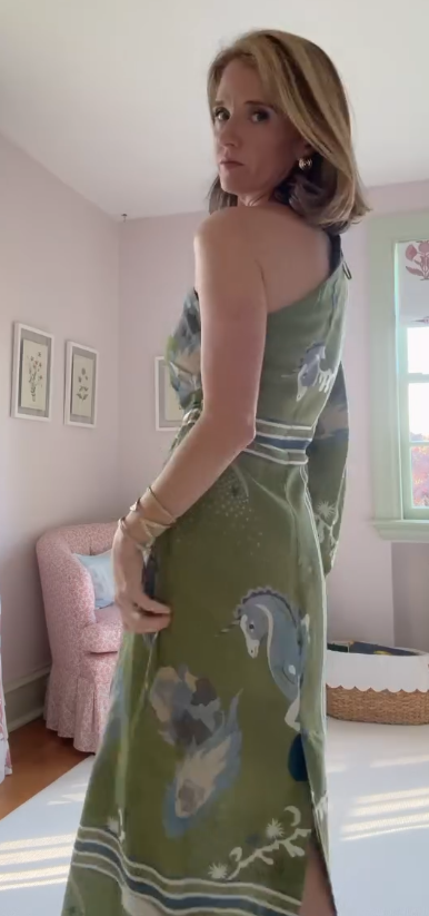 Vestido Assimétrico Seda Verde Estampa Arte Abstrata