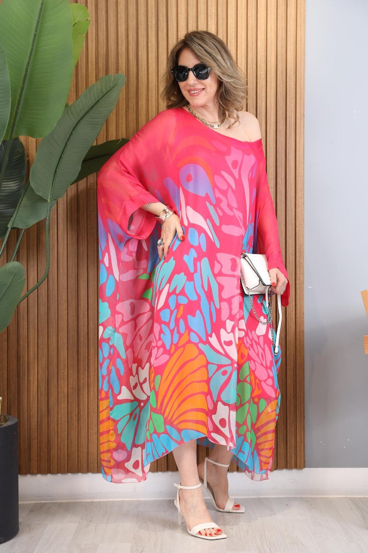 Vestido Kaftan Longo Estampa Abstrata Colorida