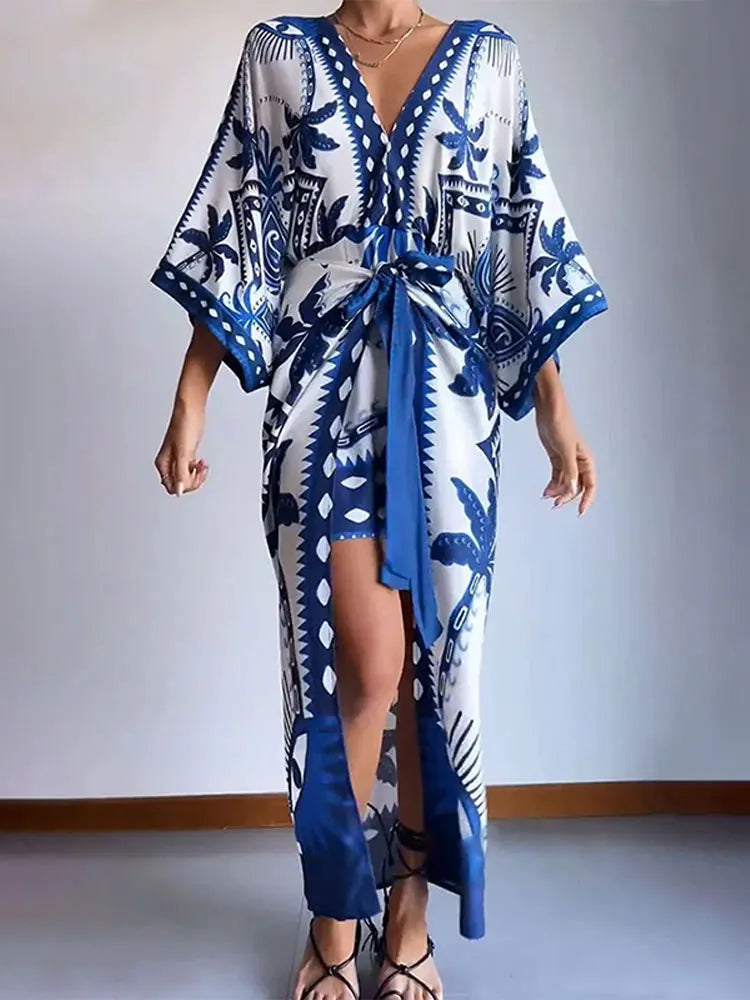 Conjunto Vestido + Kimono Curto Estilo Boho