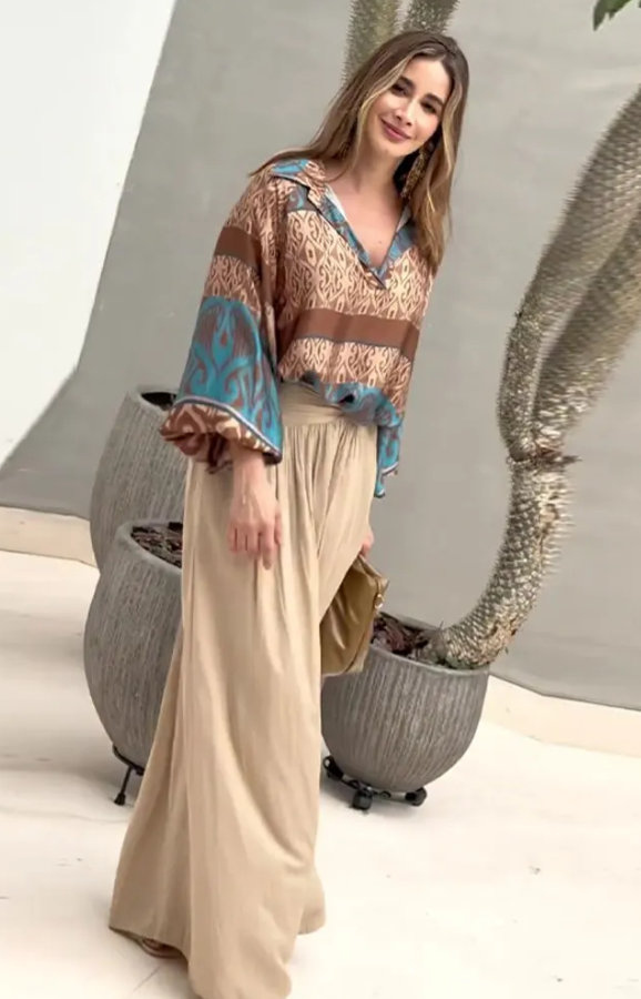 Conjunto Boho Chic - Blusa Estampada e Calça Pantalona