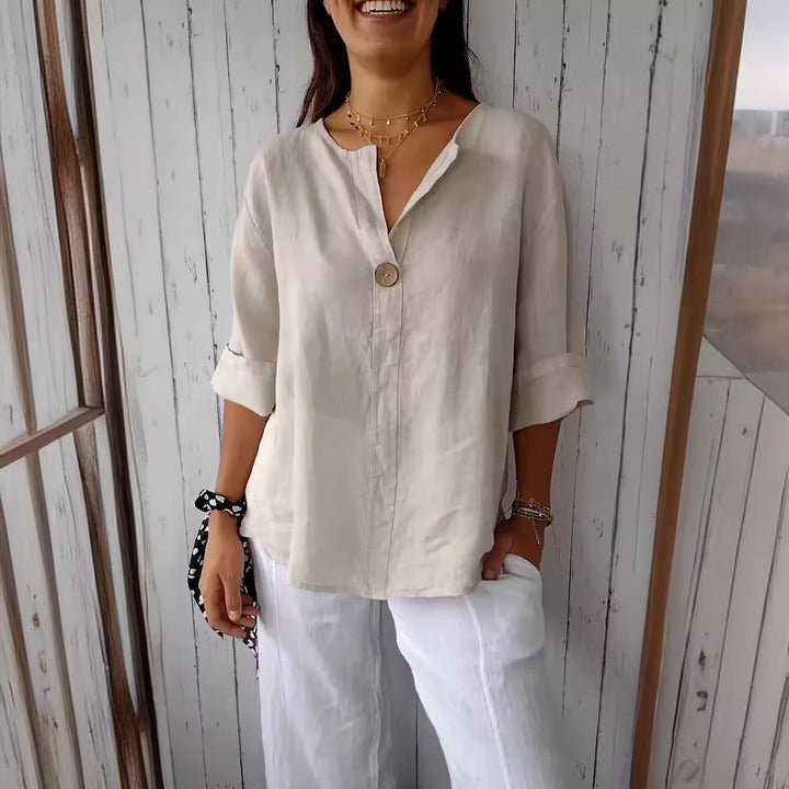 Blusa Feminina Solta VNeck Algodo Linho Vero 2025
