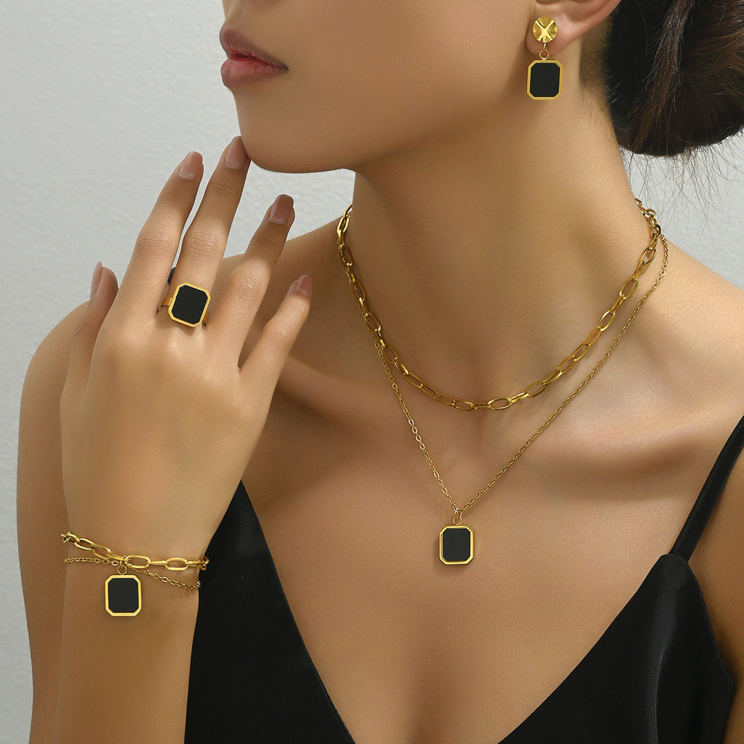Elegncia Preta Duo  Anel Colar e Brinco Luxo